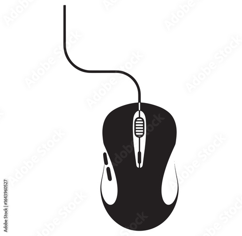 Vector illustration of a black and white computer mouse with attached cable on a white background.