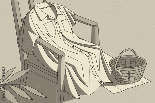 A light colored button down shirt draped over a wooden chair with a basket next to it isolated on white background