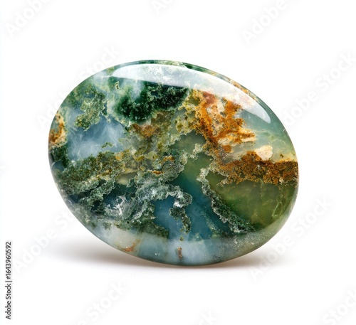 Polished moss agate tumbled stone, oval shape, displaying intricate green, brown, and white patterns, high gloss finish, subtle shadow