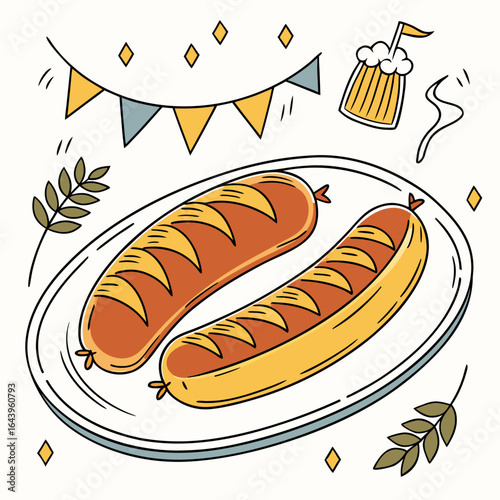 Oktoberfest illustration with sausages and beer isolated on white background