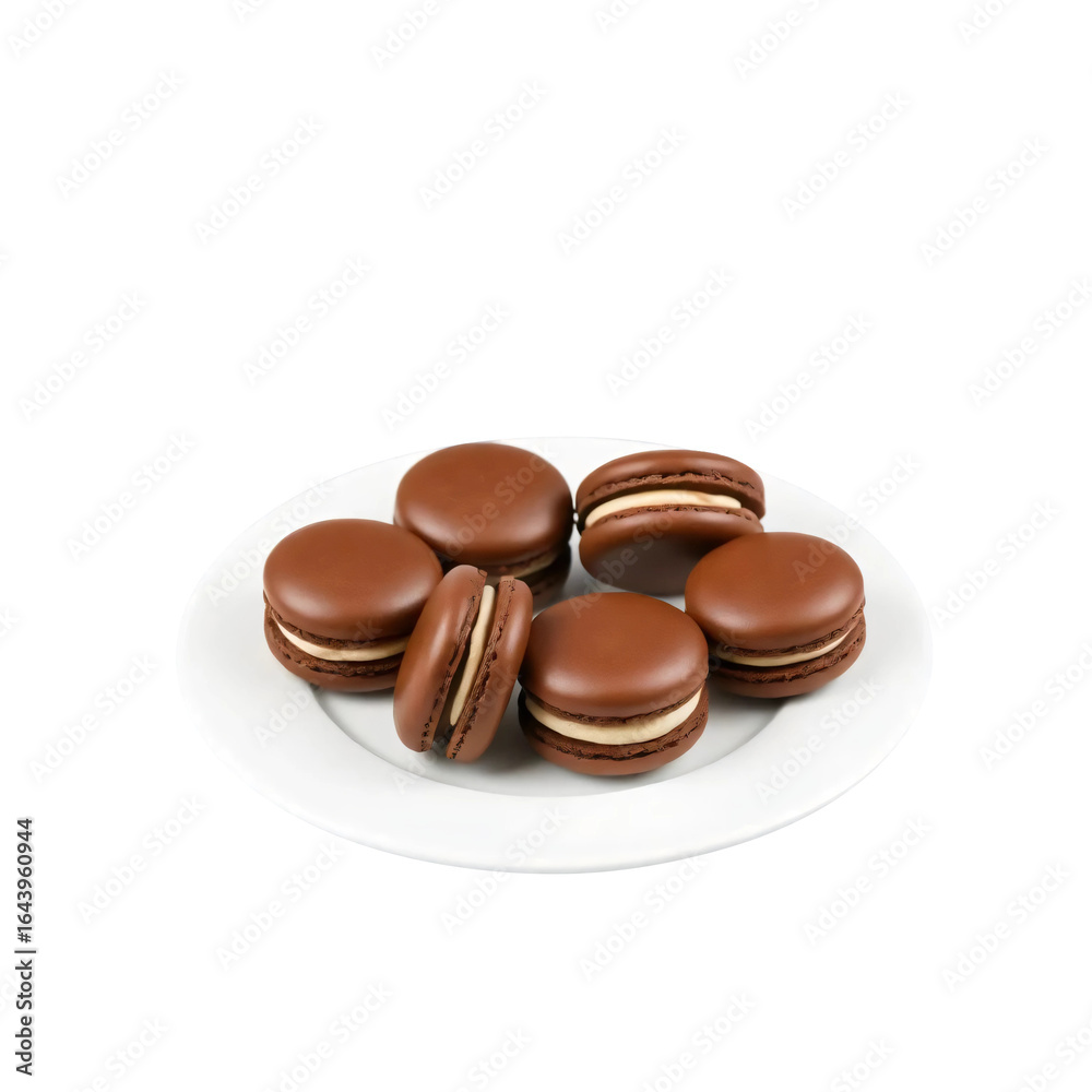 Fototapeta premium Chocolate macarons on white plate isolated on transparent background