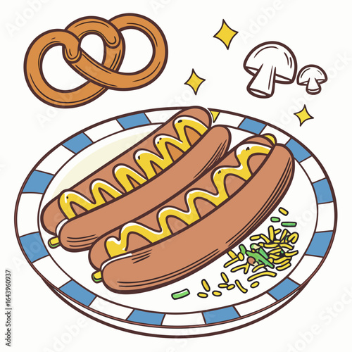Oktoberfest illustration with sausages, pretzels, mustard and mushroom isolated on white background