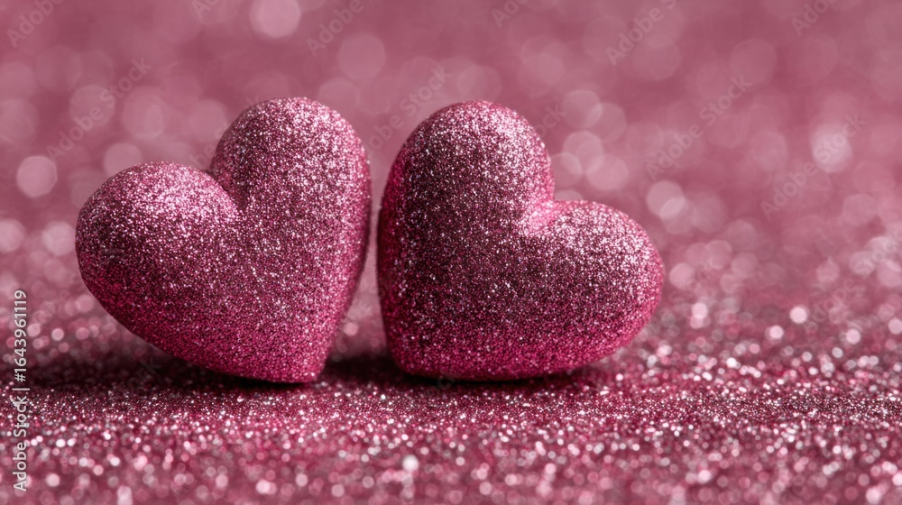 Obraz premium Two sparkling pink hearts sit closely together on a glimmering surface, radiating joy and affection, perfect for a romantic occasion or celebration.