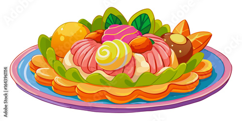 Delicious Easter cake with eggs, flowers, and fruit cream on a white background, a sweet holiday dessert
