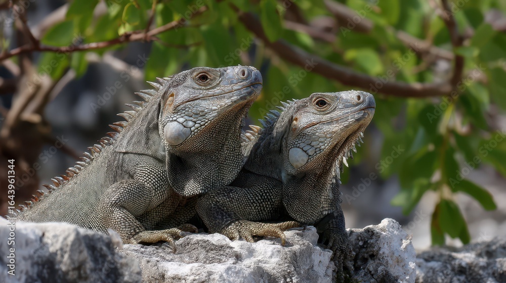 Fototapeta premium Happy Iguanas Sunbathing in the Wild under Natural Sunlight