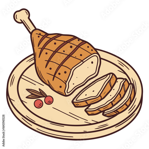 Roasted turkey with slices and berries on wooden plate isolated on white background