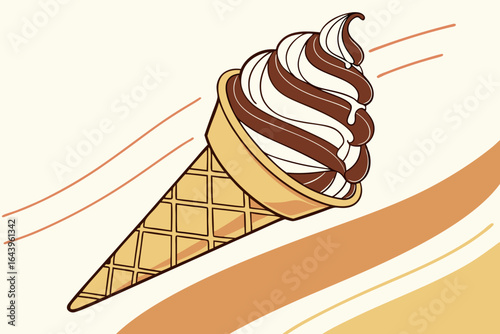 Delicious swirl soft serve ice cream cone with chocolate and vanilla flavors isolated on white background
