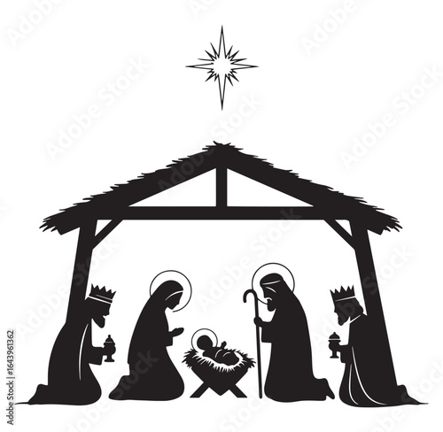 Nativity scene silhouette featuring mary joseph jesus and the three wise men under a star