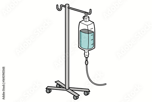 Medical iv drip bag and stand with fluid isolated on white background