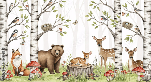 Watercolor woodland forest scene with fox, bear, deer, birds, birch trees, mushrooms and butterflies, charming wildlife illustration for nursery wall art, kids room decor and nature themed designs
