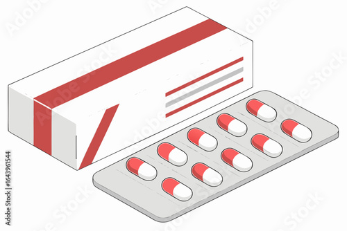 Red and white capsule pills in blister pack with medicine box isolated on white background