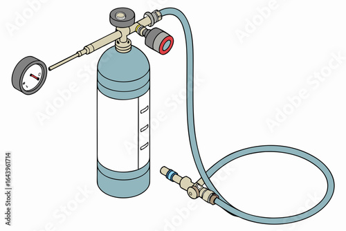 Medical gas cylinder with pressure gauge and tubing isolated on white background