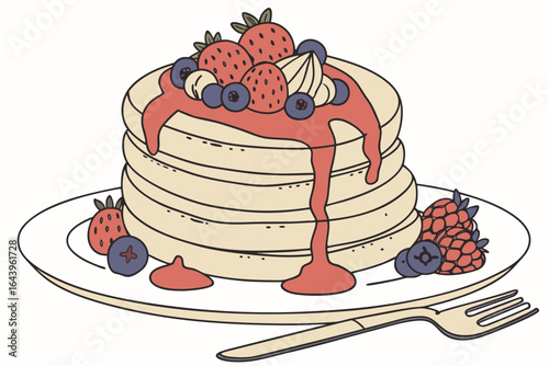 Stack of delicious pancakes topped with fresh strawberries blueberries and raspberries with syrup isolated on white background