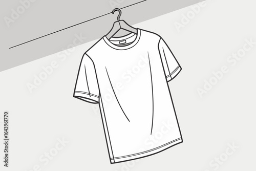 Simple line drawing of a white t shirt hanging on a clothes hanger isolated on white background