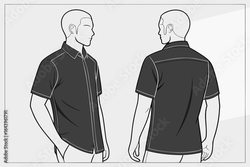 Man wearing a short sleeve collared shirt front and back view isolated on white background