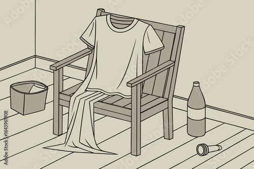 T shirt draped over a wooden chair with a bottle and flashlight on the floor isolated on white background