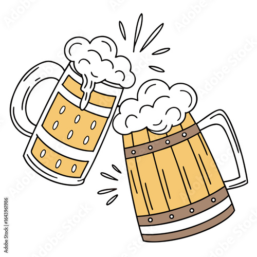 Two beer mugs clinking in a toast with splashes isolated on white background, perfect for oktoberfest