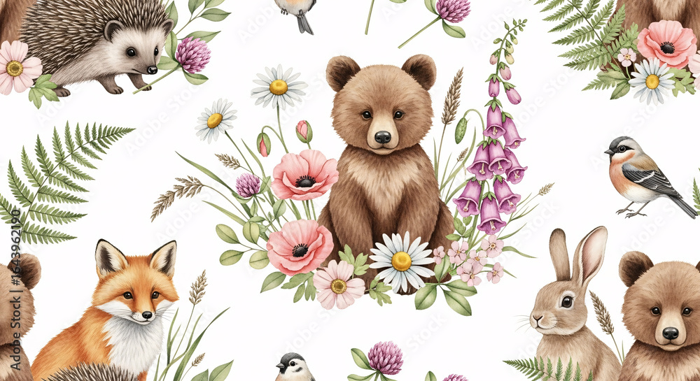 Obraz premium Seamless watercolor woodland animals pattern with bear cubs, fox, rabbit, hedgehog, birds, wildflowers and ferns, cute forest wildlife illustration for nursery wall art, kids fabric and nature themed 
