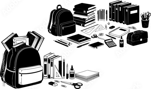 set of school supplies, backpack, books, stationery vector