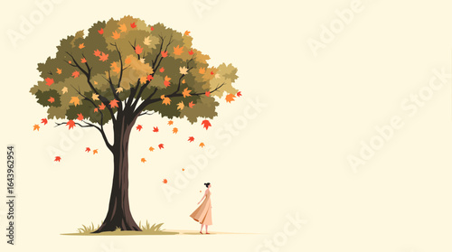Autumnal Scene of a Woman and a Tree with Falling Leaves.