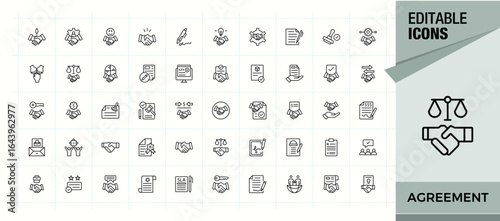 Agreement vector line icon set. Consensus simple icon set. Contains such icons as deal, approval, check, settlement, hand, team and more. Pixel perfect. Editable stroke.