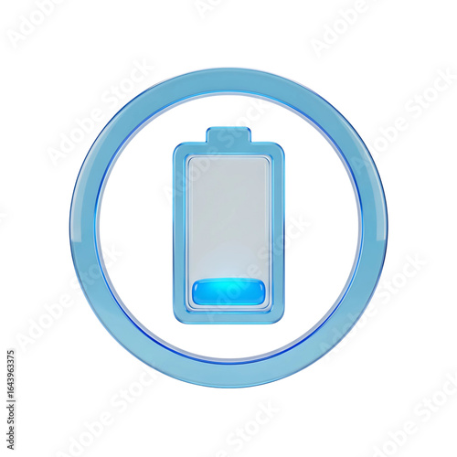 Stylized blue glass battery icon with low charge indicator isolated on transparent background