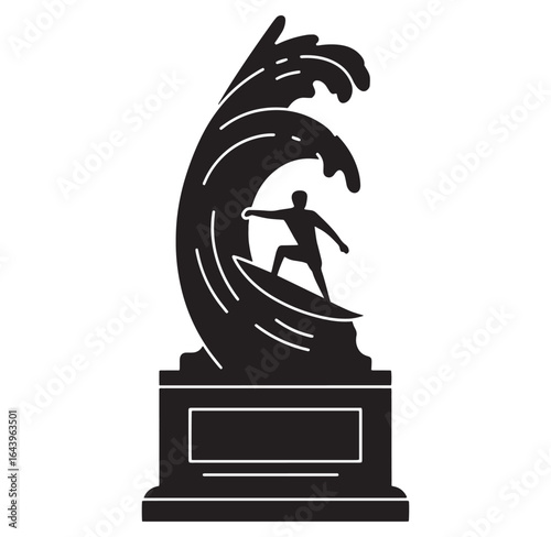 Surfing award trophy silhouette depicting a surfer riding a wave and achievement concept