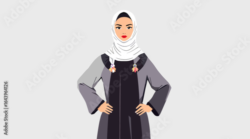Confident Muslim Woman in Abaya with Decorative Pins Posing Proudly.