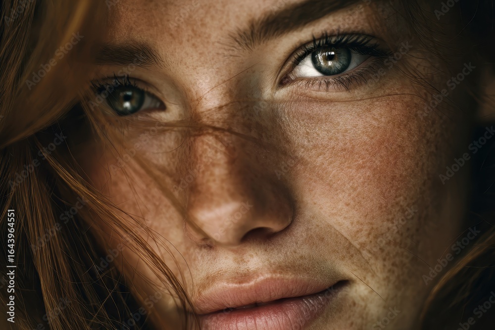 Obraz premium Close-up of a young woman with striking freckles and vibrant blue eyes, captured in soft natural light during a serene moment