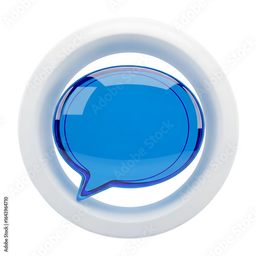 Glossy blue speech bubble icon encased in a white circular frame isolated on transparent background