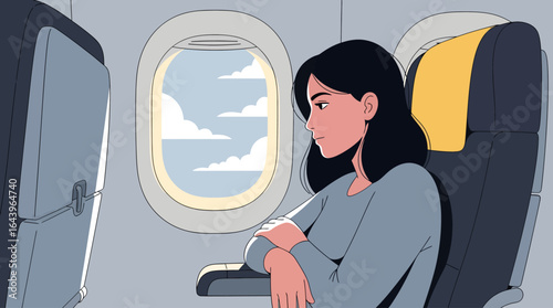 Contemplative Woman Gazing Out Airplane Window at Cloudy Sky During Flight.