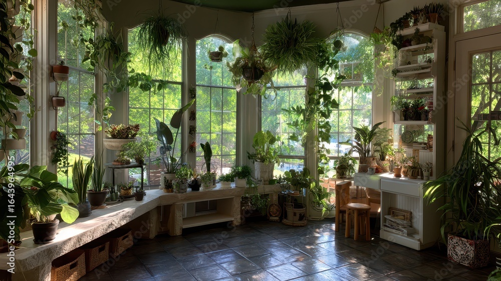 Fototapeta premium Bright Indoor Garden Room Filled with Lush Houseplants