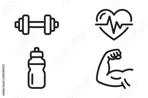 Fitness Icons Dumbbell, Healthy Heart, Water Bottle and Muscle Arm for Active Lifestyle