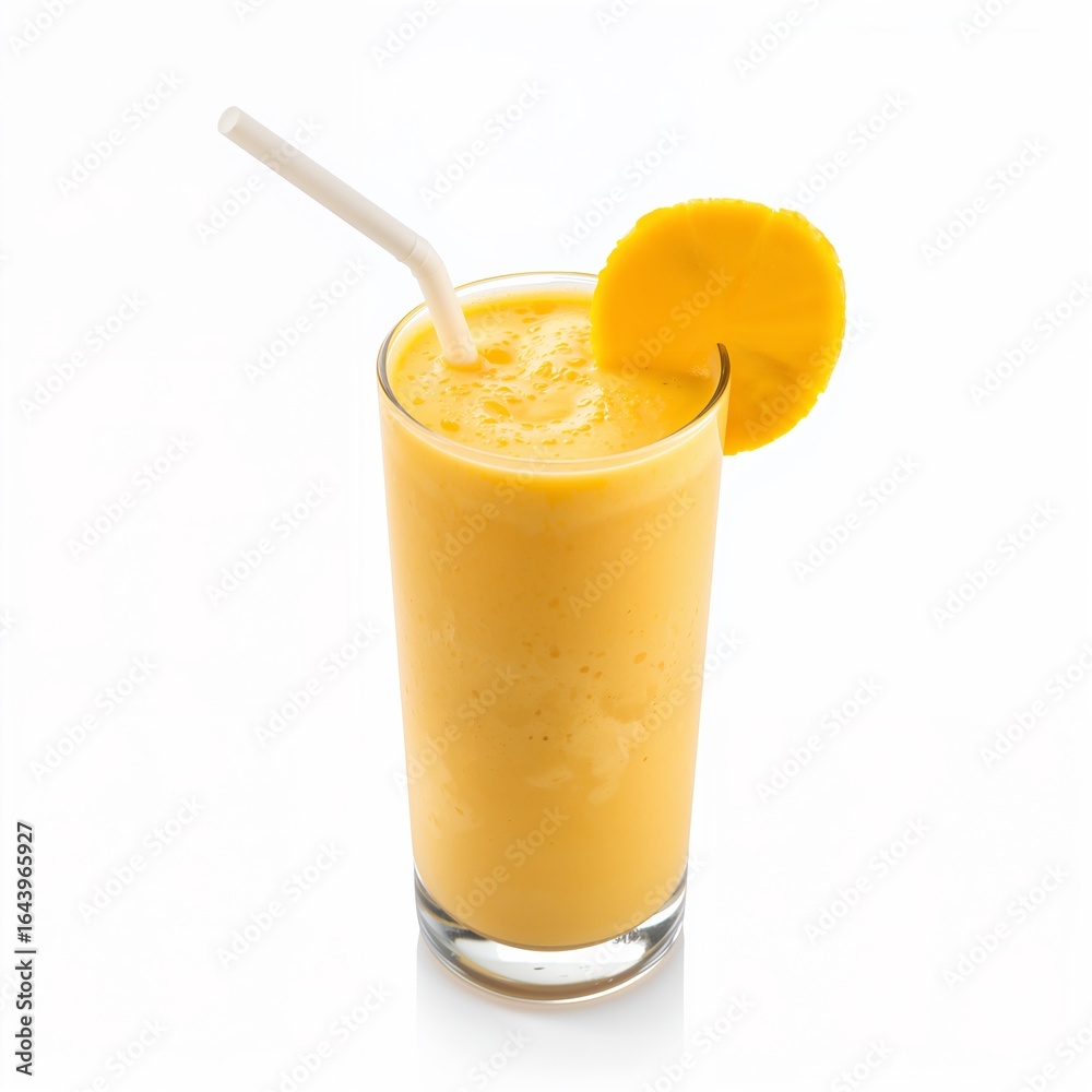 Fototapeta premium A mango smoothie garnished with a mango slice and straw.