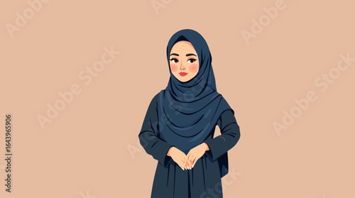 Elegant Muslim Woman in Dark Blue Hijab with Delicate Hand Gesture.
