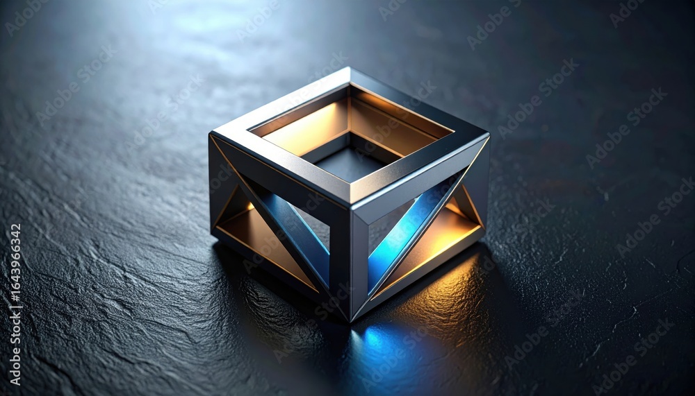 Fototapeta premium Geometric Cube with Metallic Sheen and Contrasting Blue and Gold Illumination