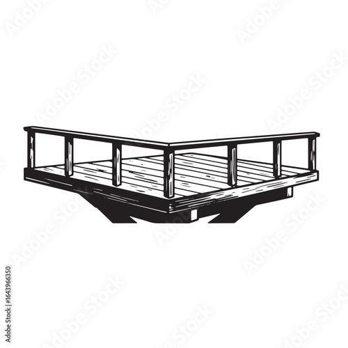 Detailed black and white illustration of a wooden deck with railing on white background