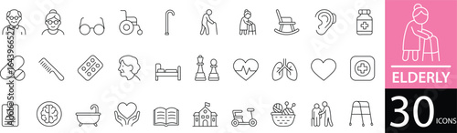  Minimal Elderly Line Icon Set 30 Clean Outline Symbols for Senior Care, Aging, and Retirement Design