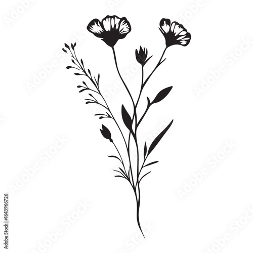 vertical poster or card template with a simple icon of a mallow bud drawn with several lines in line art style, for logos and tattoos