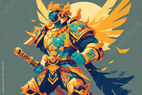Epic Gatotkaca Warrior with Golden Wings and Sword - Modern Vector Illustration