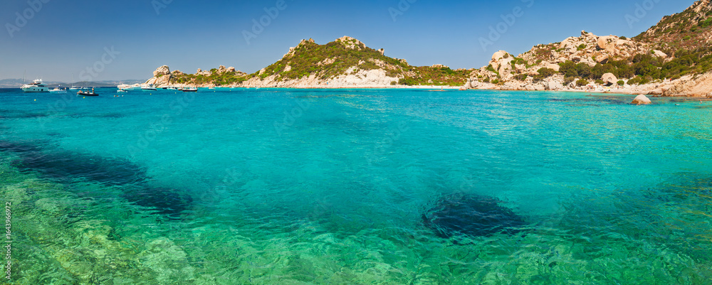 Fototapeta premium Scenic panoramic view of turquoise waters and rocky coastline at Cala Corsara on Spargi Island in Sardinia Italy