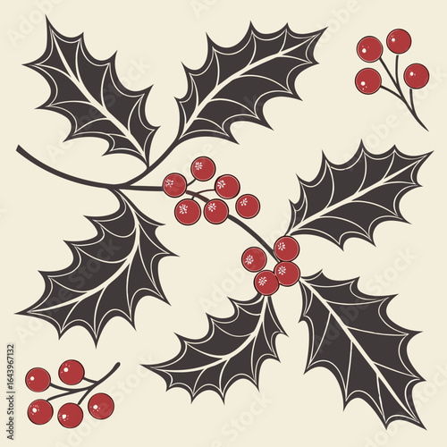 Clean vector holly leaves and berries, single color on beige background, seamless.
