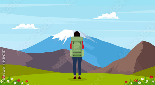 Hiker with Backpack Admiring Mountain Landscape and Scenic Views.