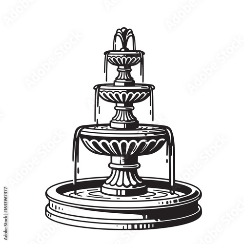 Elegant three tier fountain illustration in a simple black and white vector design