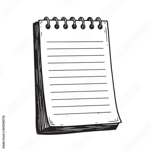 Hand drawn sketch style notepad illustration with blank lined paper and metallic binding