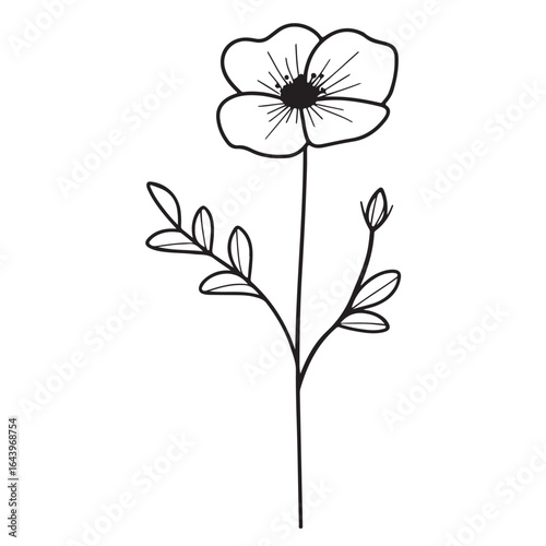 vertical poster or card template with a simple icon of a mallow bud drawn with several lines in line art style, for logos and tattoos