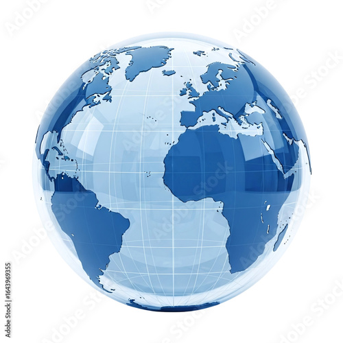 Detailed 3d rendering of a blue glass earth globe with continents and grid lines isolated on transparent background