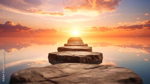 Stone Steps Leading to a Vibrant Sunrise at Sea with Water Reflection Under Cloudy Orange Sky Scenery