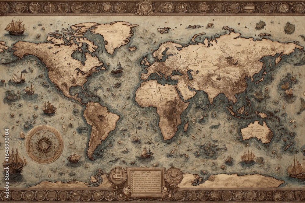 Obraz premium Detailed antique-style world map displaying historical exploration routes and sea vessels across oceans