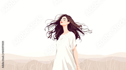 Serene Woman with Flowing Hair and Closed Eyes in a Field.